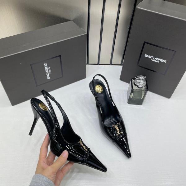 Ysl Yves Saint Laurent Pointed-Toe Glossy Patent Leather Slingback Pumps With OG Box Dust Cover Glossy Patent Black A16 - Image 3