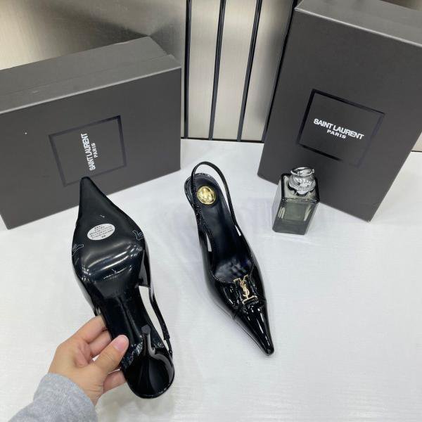 Ysl Yves Saint Laurent Pointed-Toe Glossy Patent Leather Slingback Pumps With OG Box Dust Cover Glossy Patent Black A16 - Image 2
