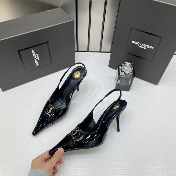 Ysl Yves Saint Laurent Pointed-Toe Glossy Patent Leather Slingback Pumps With OG Box Dust Cover Glossy Patent Black A16 - Image 5