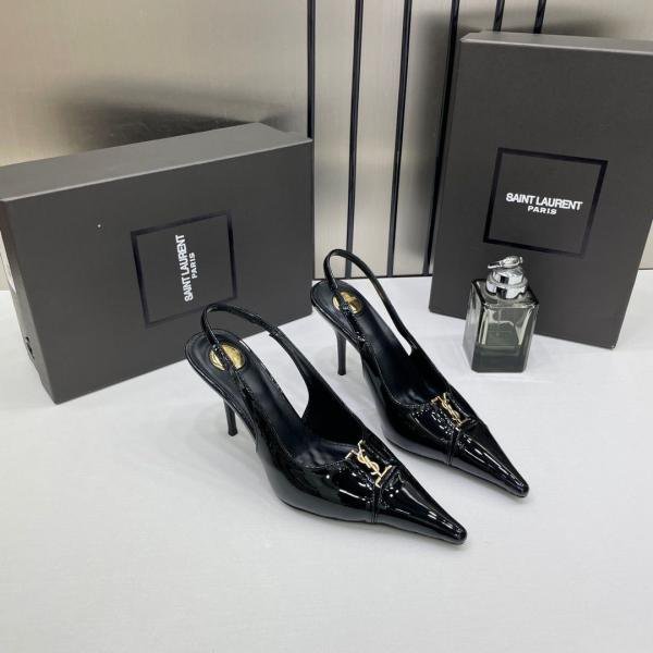 Ysl Yves Saint Laurent Pointed-Toe Glossy Patent Leather Slingback Pumps With OG Box Dust Cover Glossy Patent Black A16 - Image 4