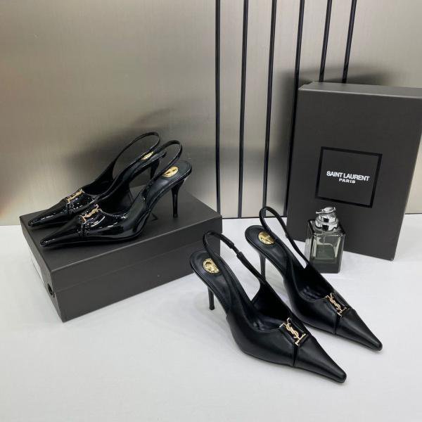 Ysl Yves Saint Laurent Pointed-Toe Glossy Patent Leather Slingback Pumps With OG Box Dust Cover Glossy Patent Black A16