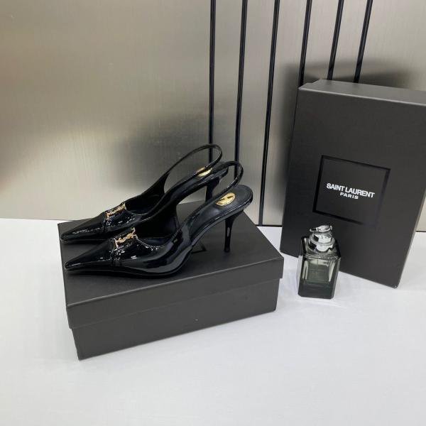 Ysl Yves Saint Laurent Pointed-Toe Glossy Patent Leather Slingback Pumps With OG Box Dust Cover Glossy Patent Black A16 - Image 6