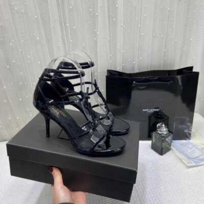 Ysl Saint Laurent Paris Black Patent Leather Monogram Cassandra Sandals Heel With OG Box Dust Bag & Carry Bag