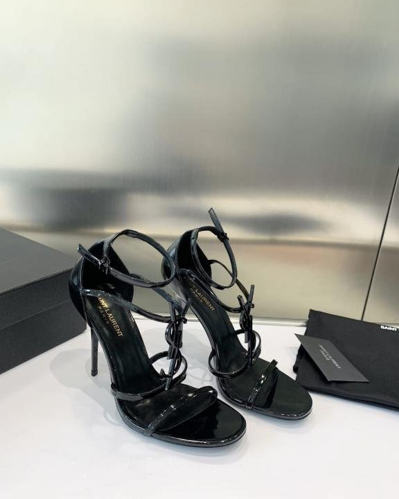 Ysl Saint Laurent Paris Black Patent Leather Monogram Cassandra Sandals Heel With OG Box Dust Bag & Carry Bag - Image 4