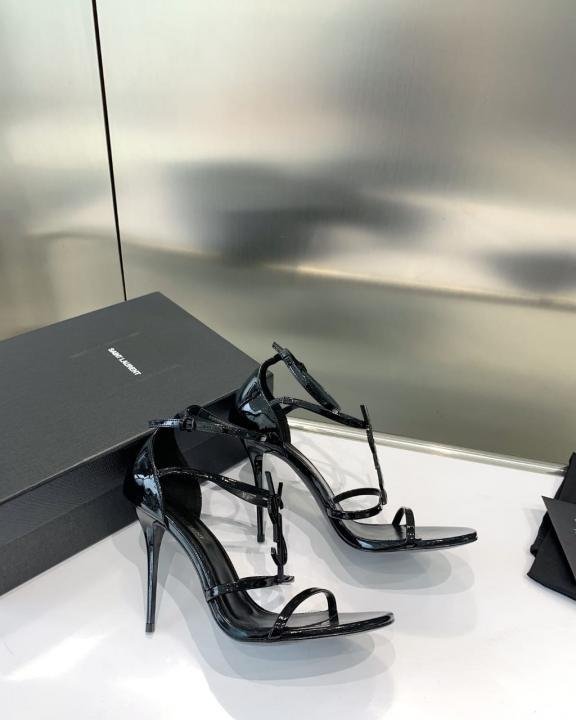 Ysl Saint Laurent Paris Black Patent Leather Monogram Cassandra Sandals Heel With OG Box Dust Bag & Carry Bag - Image 5