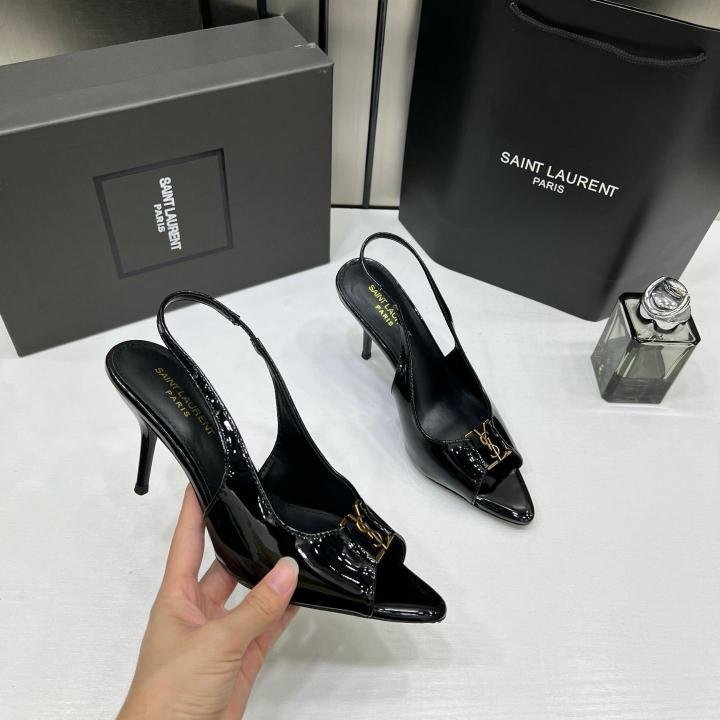 Ysl Saint Laurent Black Patent Leather Slingback Heels With OG Box & Carry Bag Black A19 - Image 4