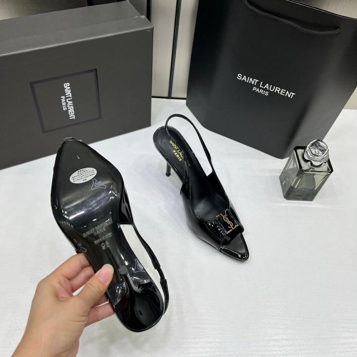 Ysl Saint Laurent Black Patent Leather Slingback Heels With OG Box & Carry Bag Black A19 - Image 2