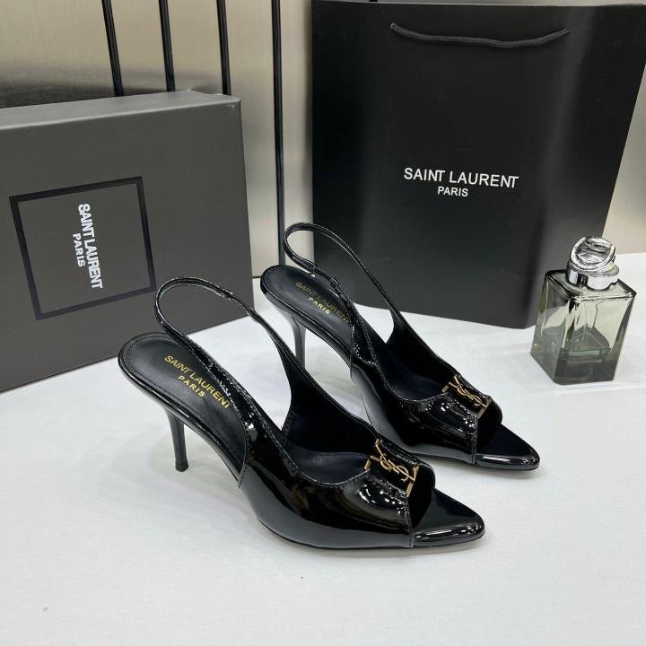 Ysl Saint Laurent Black Patent Leather Slingback Heels With OG Box & Carry Bag Black A19 - Image 5