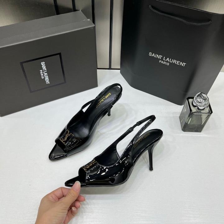 Ysl Saint Laurent Black Patent Leather Slingback Heels With OG Box & Carry Bag Black A19 - Image 6