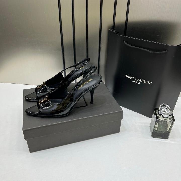 Ysl Saint Laurent Black Patent Leather Slingback Heels With OG Box & Carry Bag Black A19 - Image 3