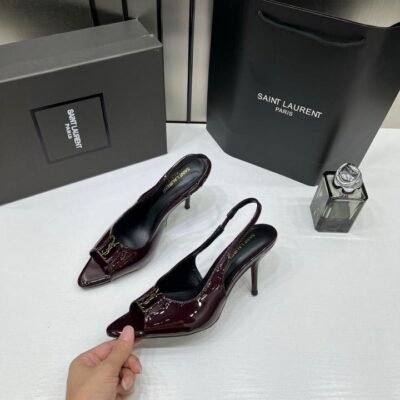 Ysl Saint Laurent Wine Patent Leather Slingback Heels With OG Box & Carry Bag Wine Patent A19