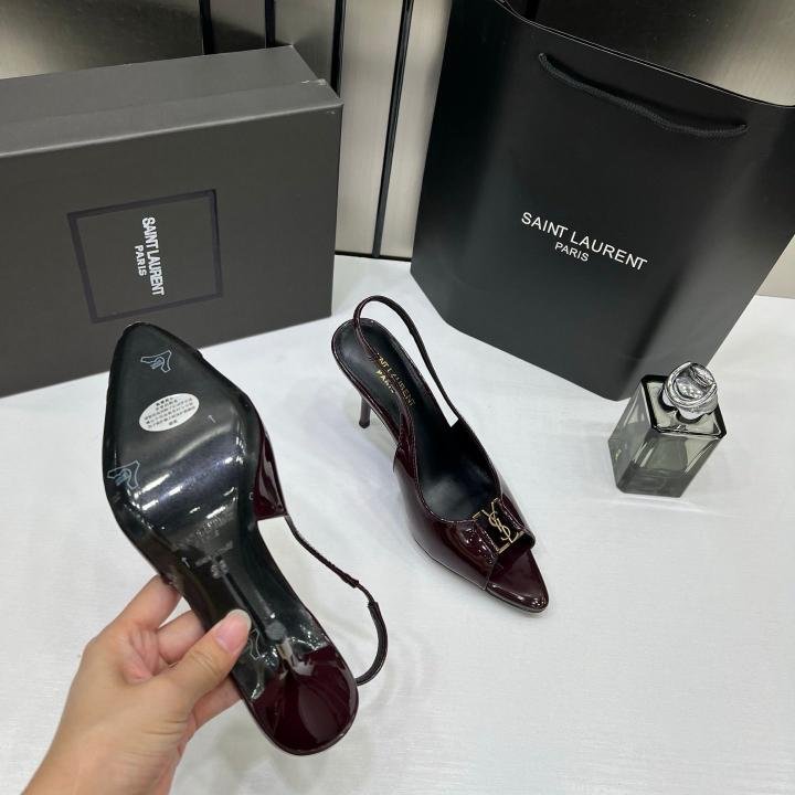 Ysl Saint Laurent Wine Patent Leather Slingback Heels With OG Box & Carry Bag Wine Patent A19 - Image 3