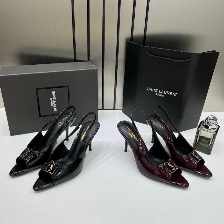 Ysl Saint Laurent Wine Patent Leather Slingback Heels With OG Box & Carry Bag Wine Patent A19 - Image 5