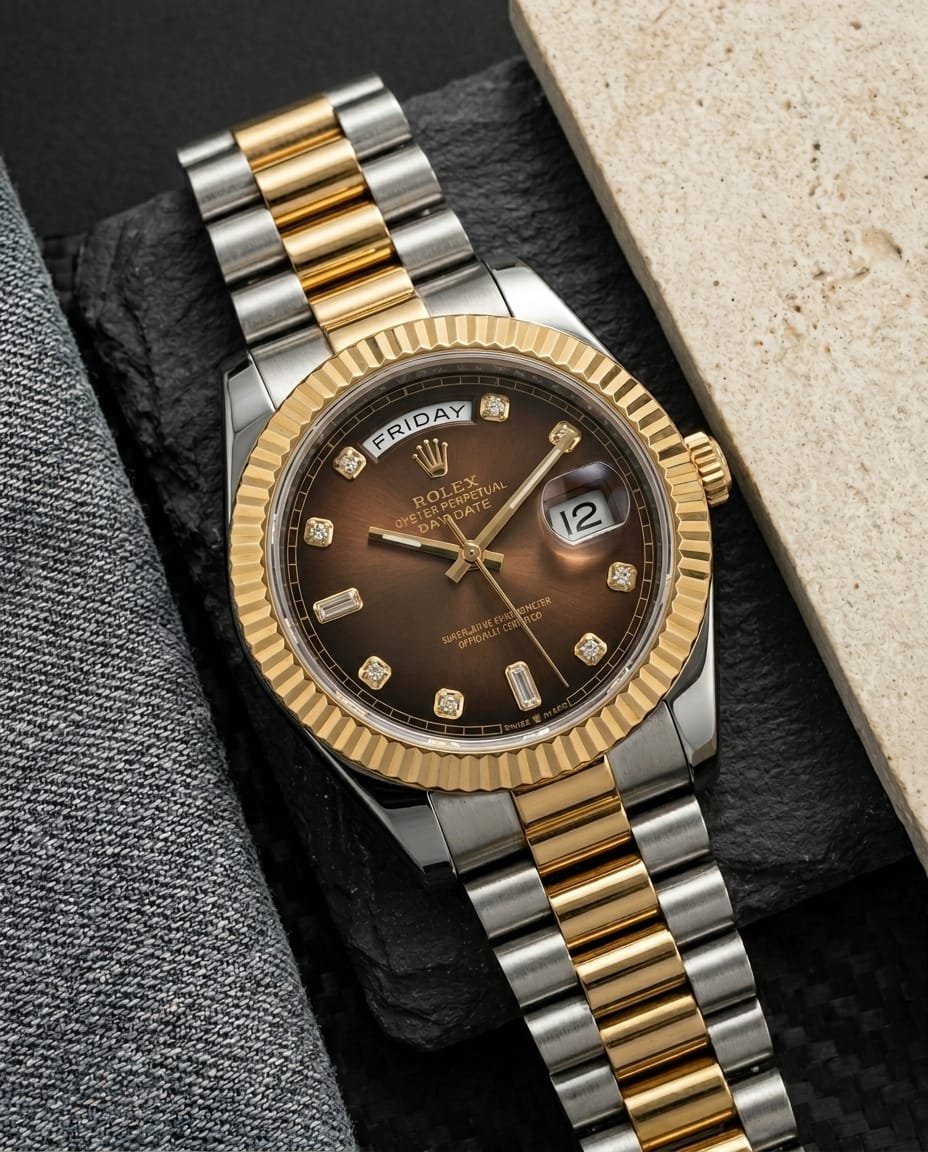 Role_x Oyster Perpetual Day Date Diamond 40 Battery 2Ton-Gold-Brown