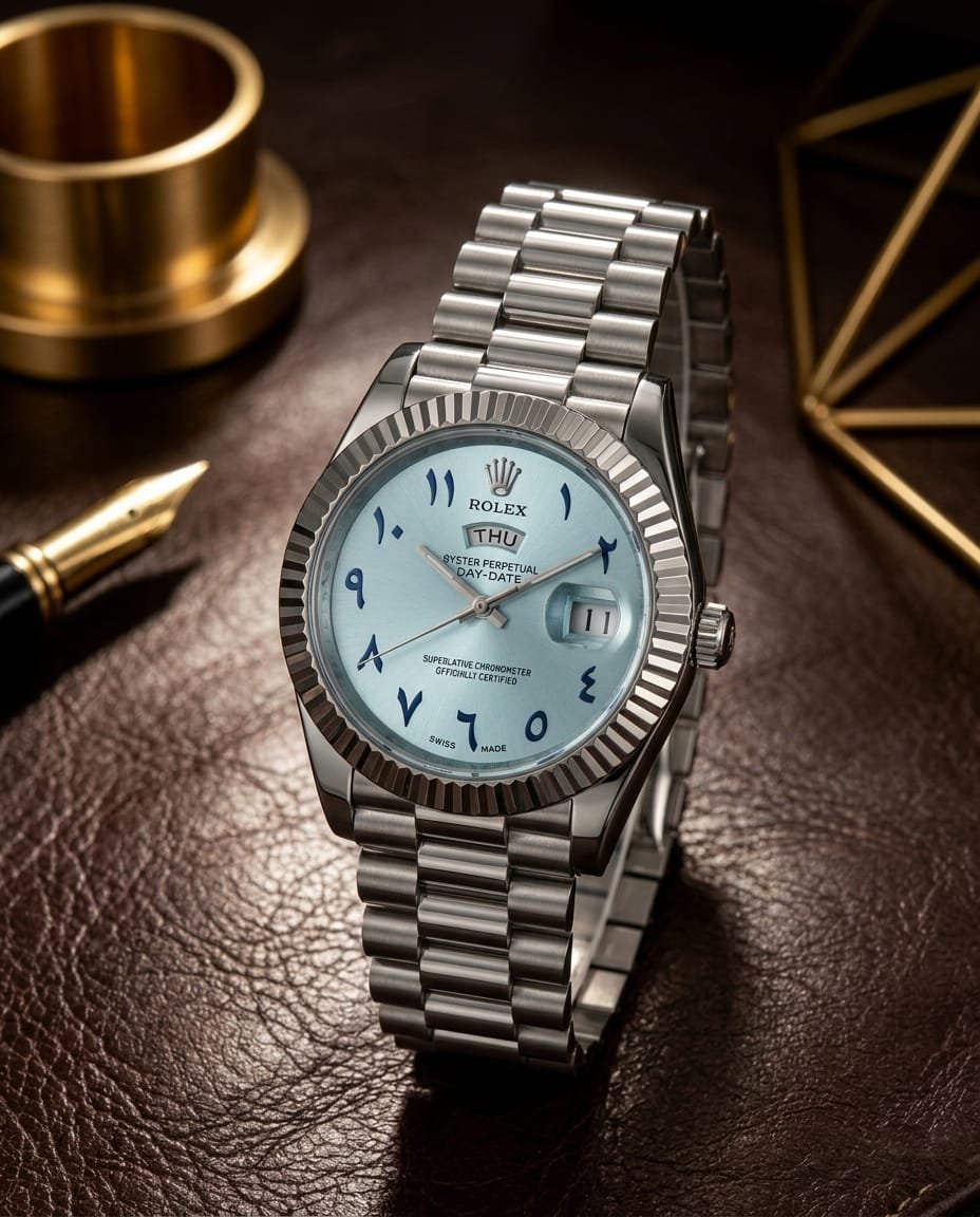 Rolee_x Oyster Perpetual Day Date Arabic Silver-Sky Blue