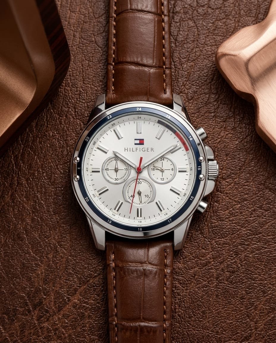 Tommy Hilfige_r Oxford Chronograph leather belt Brown-Silver-White