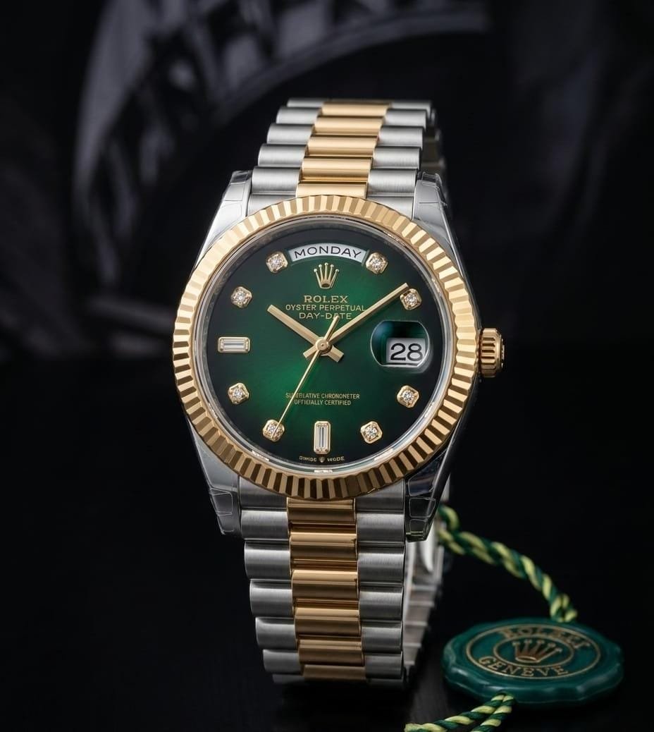 Rolee_x Oyster Perpetual Day Date Diamond 2Ton-Gold-Green 40 Battery